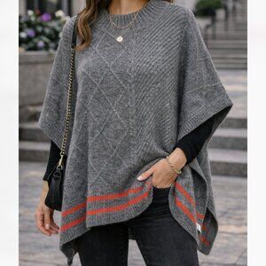 THML NWT Gray Knit Poncho Sweater Size XS/S Red Stripe Hem Cozy Chic Top